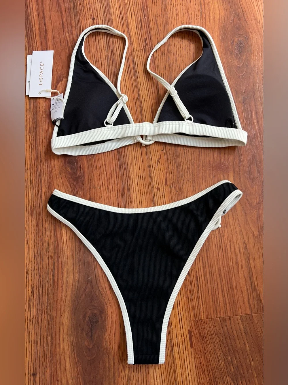 L*SPACE Ribbed Black Cream Bikini Set Ring Detail High Cut Bottom NWT